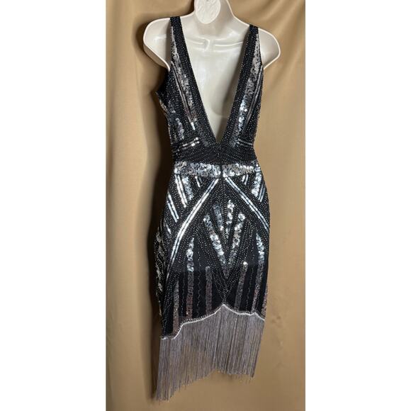 Unique Vintage Black and Silver Beaded and Sequin Flapper Dress L NWOT - Picture 7 of 7